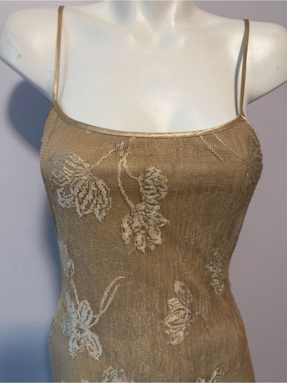 Vintage Y2K Mesh Maxi Skirt Floral Gold Beige Sheer Overlay Lined Dress Medium M - Picture 5 of 6